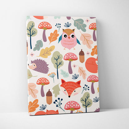 Whimsical woodland animals canvas art with foxes owls hedgehogs in autumn tones