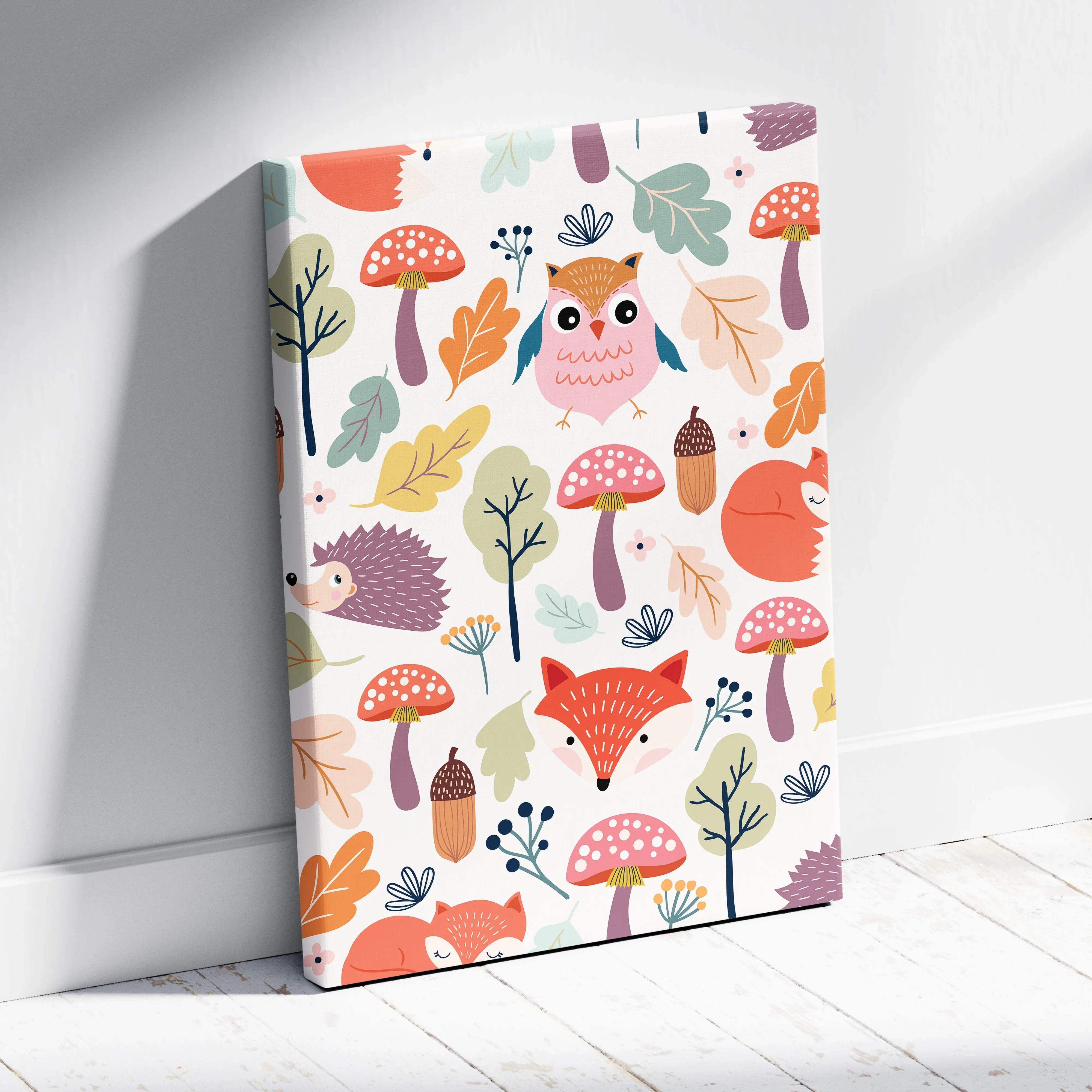 Whimsical woodland animals canvas wall art with foxes owls hedgehogs in pastel autumn tones