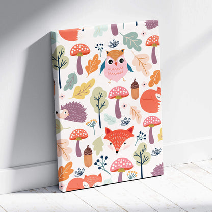 Whimsical woodland animals canvas wall art with foxes owls hedgehogs in pastel autumn tones