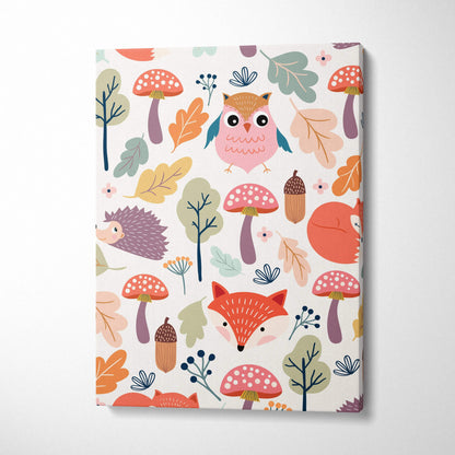 Whimsical woodland animals canvas art with foxes owls hedgehogs in autumn tones