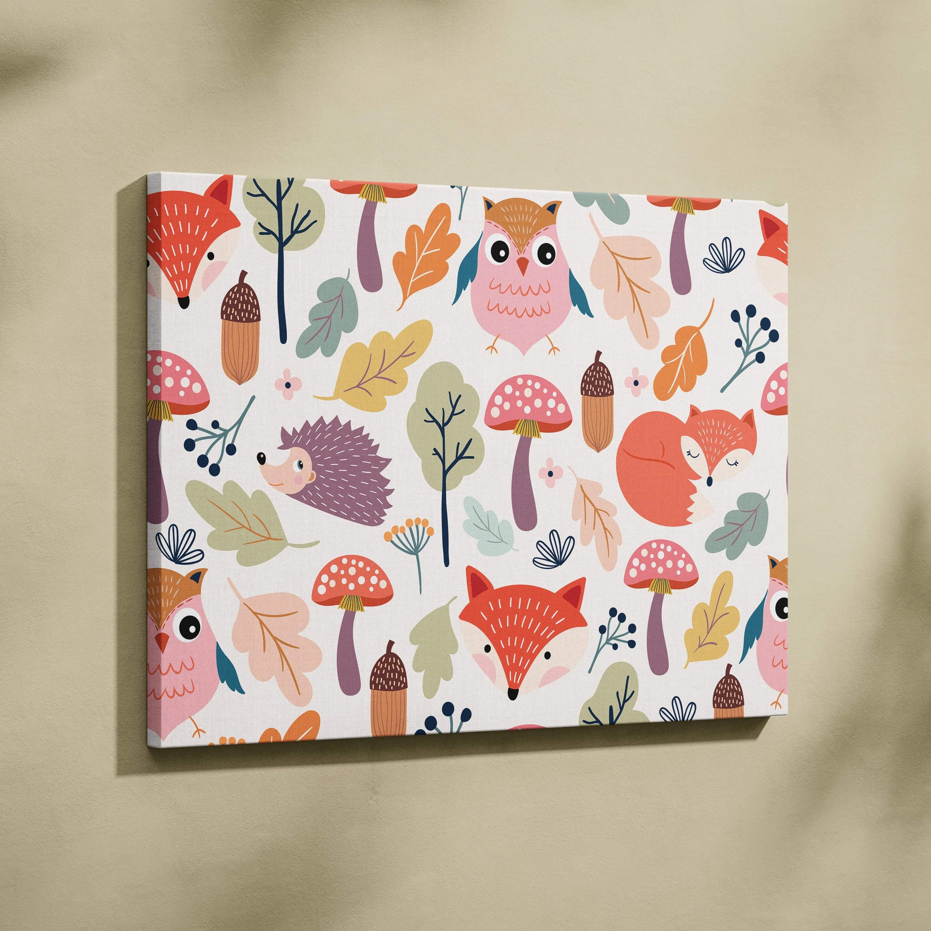Pastel woodland animals canvas wall art with pink owls foxes hedgehogs mushrooms