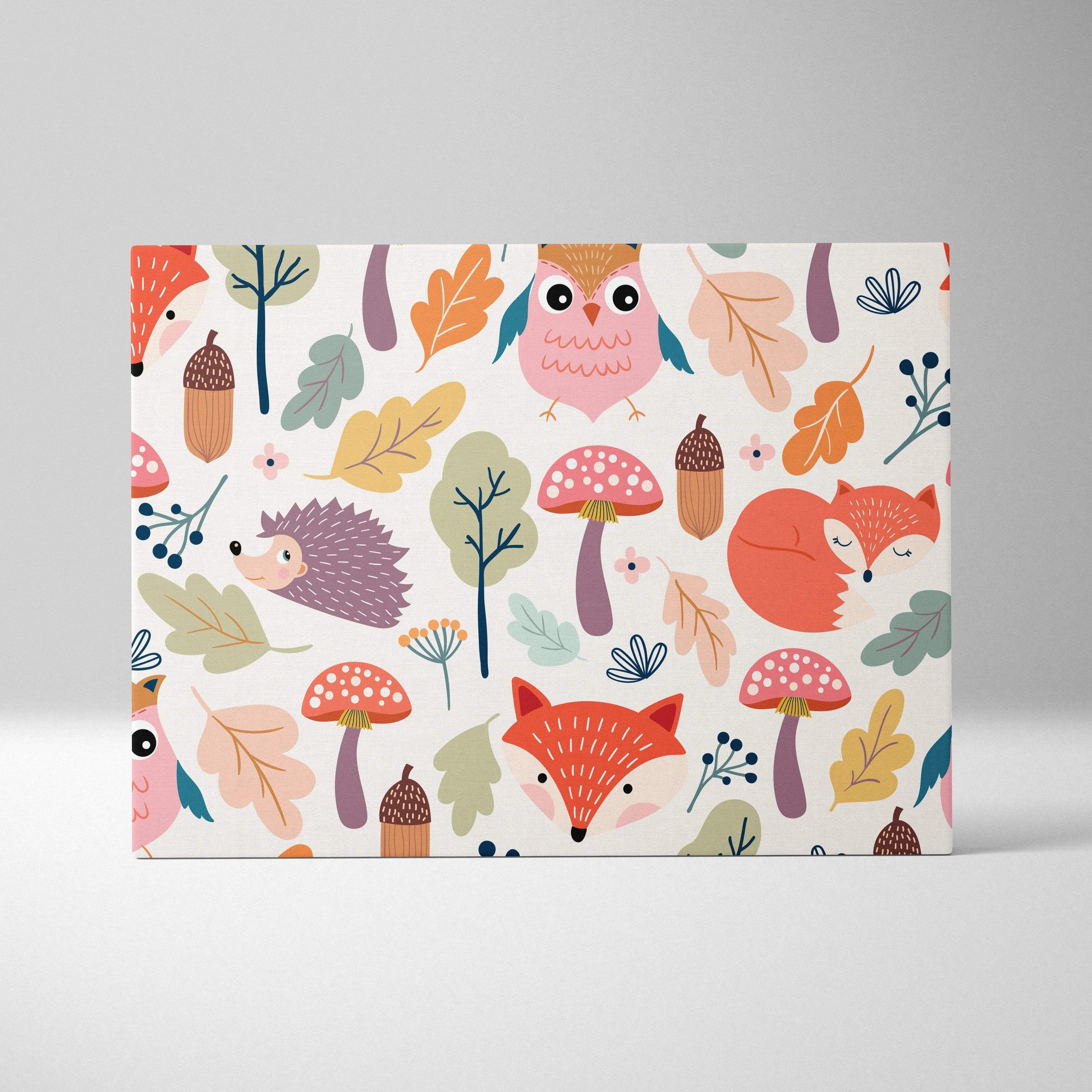 Pastel woodland animals canvas wall art with foxes owls hedgehogs mushrooms