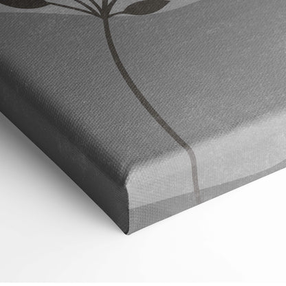 Gray canvas print with minimalist black botanical stem and leaf illustration boho neutral landscape wall art for living room