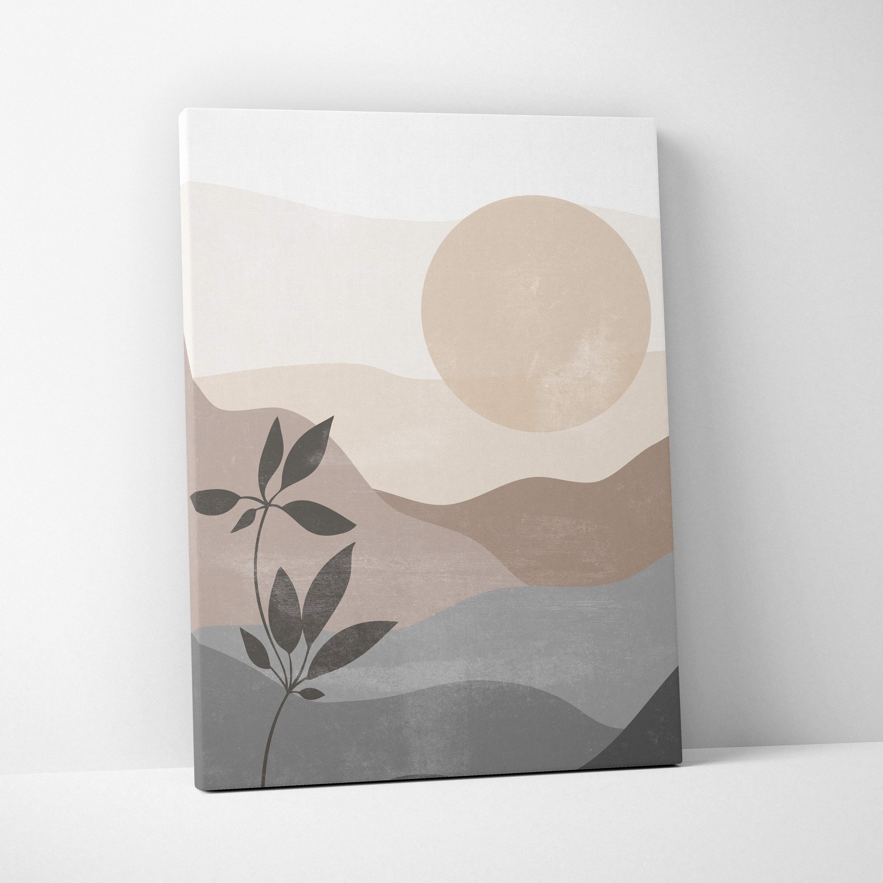 Boho neutral landscape canvas wall art with layered beige taupe gray mountains soft peach sun and dark green botanical leaves