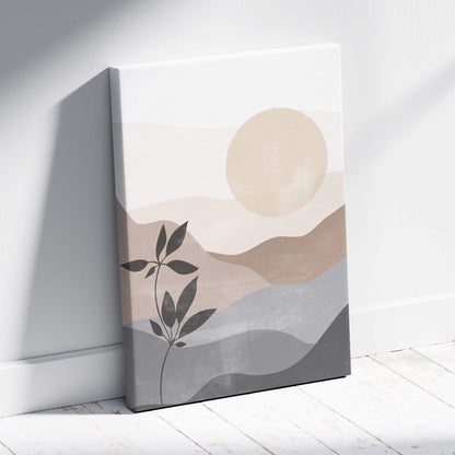 Boho neutral landscape canvas wall art with abstract beige taupe gray mountains sun and dark green botanical design