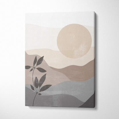 Boho neutral landscape canvas wall art with layered beige taupe mountains soft peach sun and dark green botanical silhouette