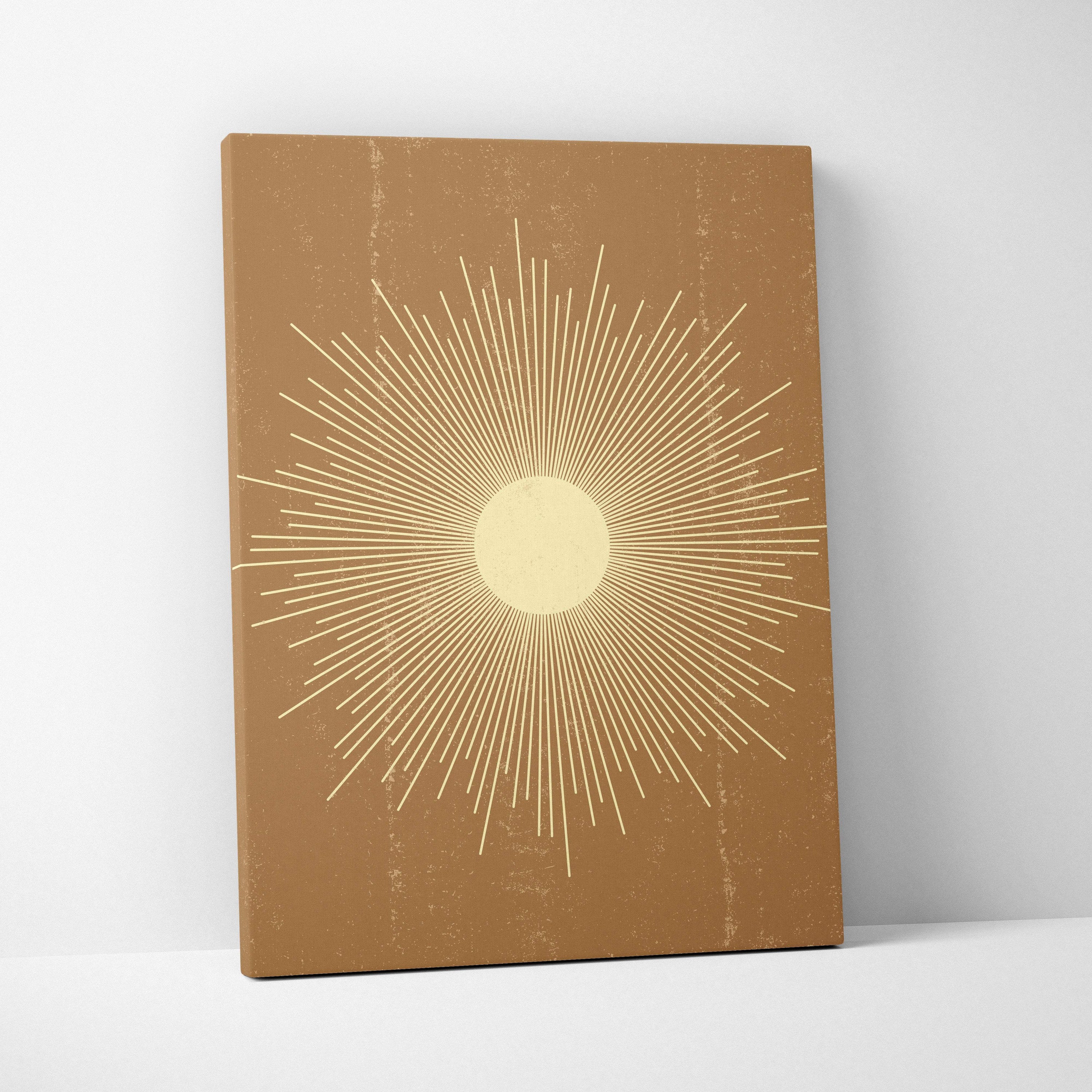 Boho sunburst canvas wall art with cream sun design on warm terracotta textured background for bohemian decor