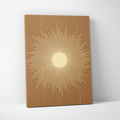 Boho sunburst canvas wall art with cream sun design on warm terracotta textured background for bohemian decor