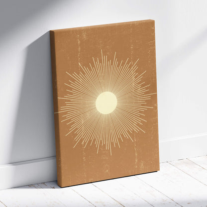 Boho sunburst canvas wall art featuring a cream sunburst on textured warm terracotta background for modern decor
