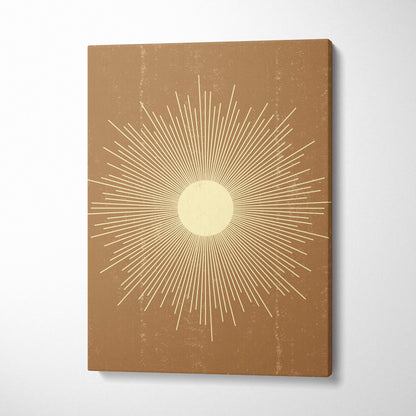 Boho sunburst canvas wall art with cream sunburst lines on textured earthy brown background for modern bohemian decor