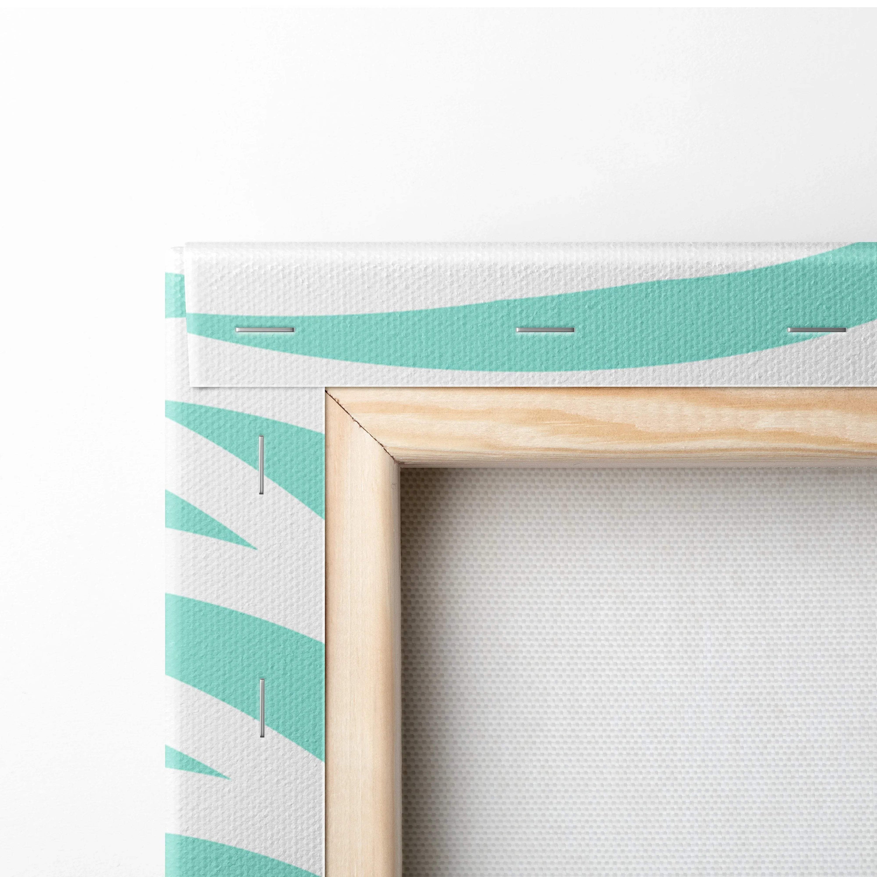 Coastal abstract wave canvas wall art in teal white with light wood frame