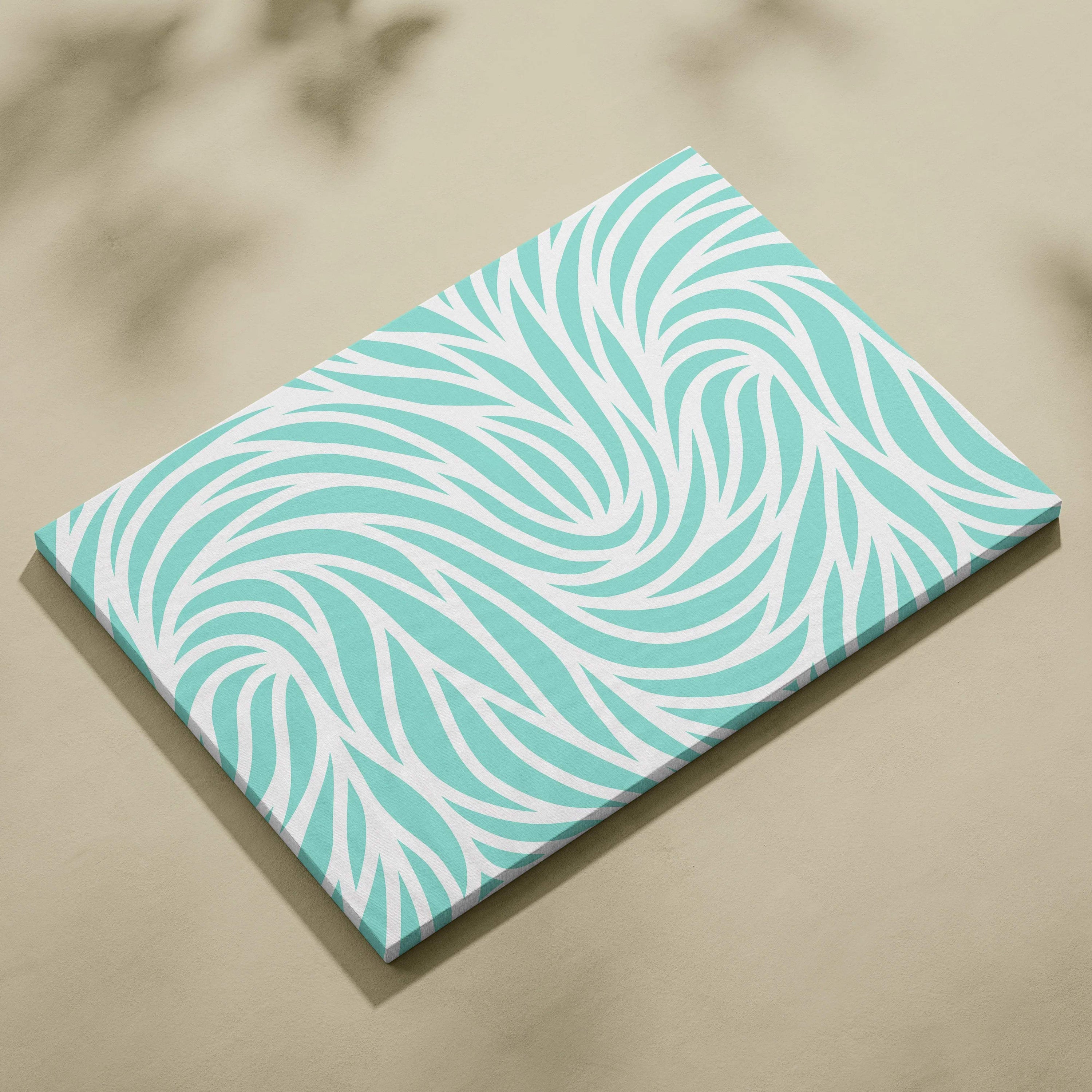 Coastal abstract wave canvas wall art in teal mint green and white swirling leaf-like curves