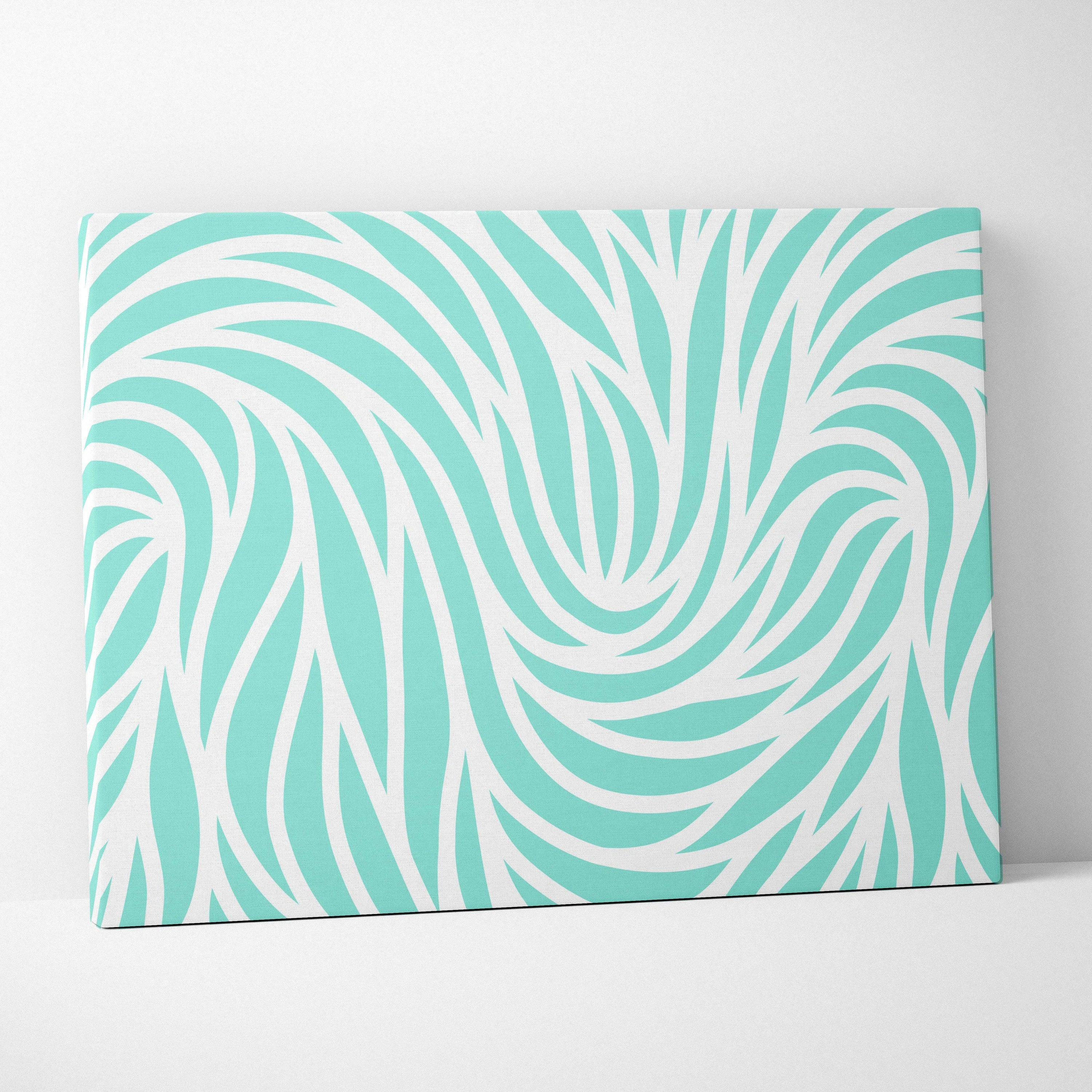 Coastal abstract wave canvas wall art in teal mint green and white swirling leaves