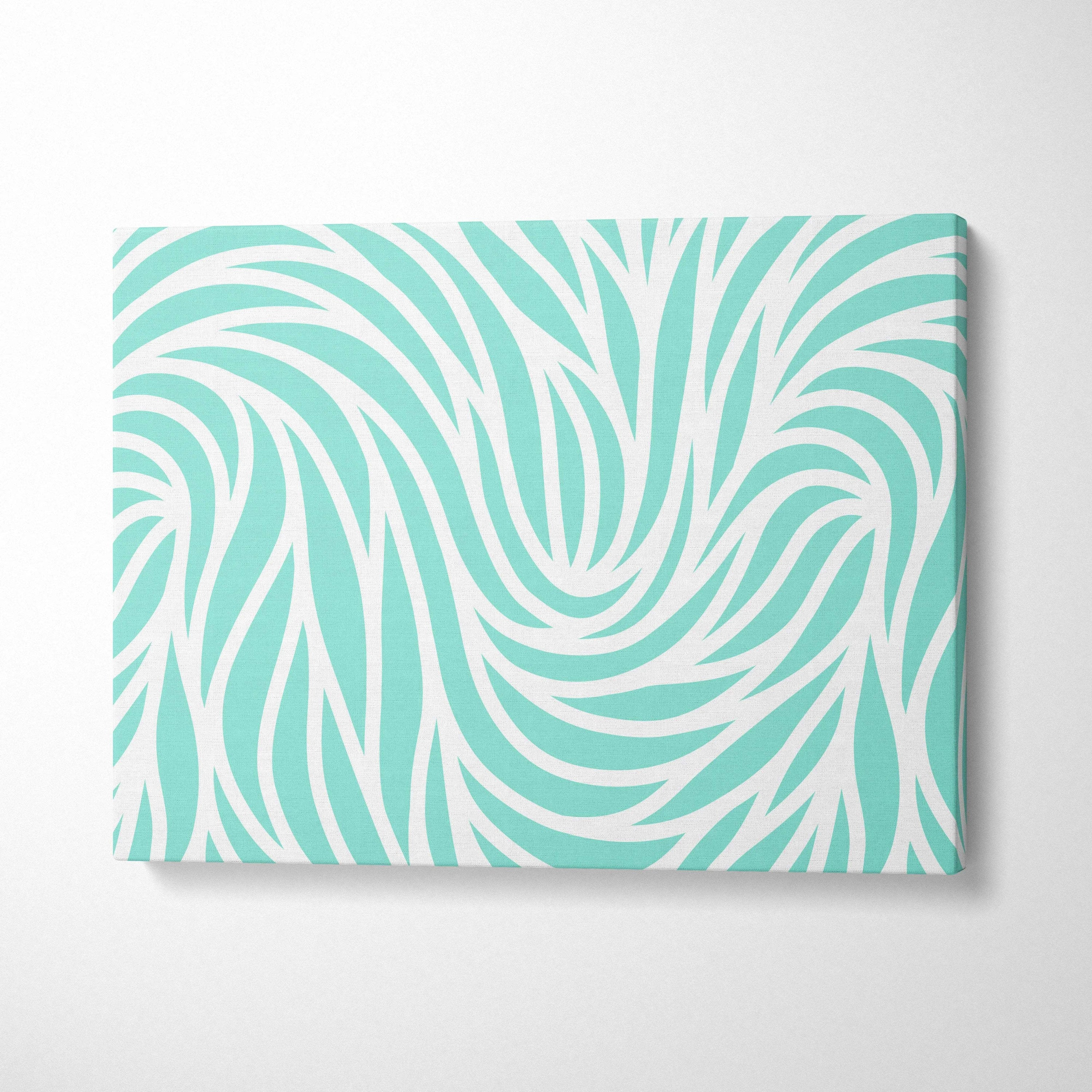 Coastal abstract wave canvas wall art in teal mint green and white swirling leaf curves