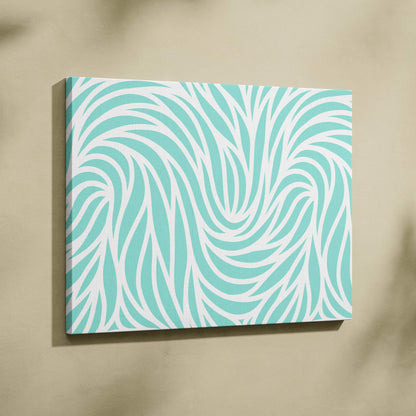 Coastal abstract wave canvas wall art in teal mint green and white swirling leaf curves