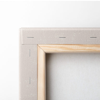 Light beige canvas stretched over natural wood frame with visible stitching boho abstract geometric wall art