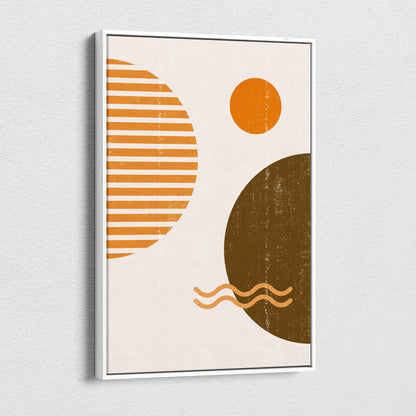 Modern abstract canvas print with bold orange and brown geometric shapes framed in sleek white for boho decor