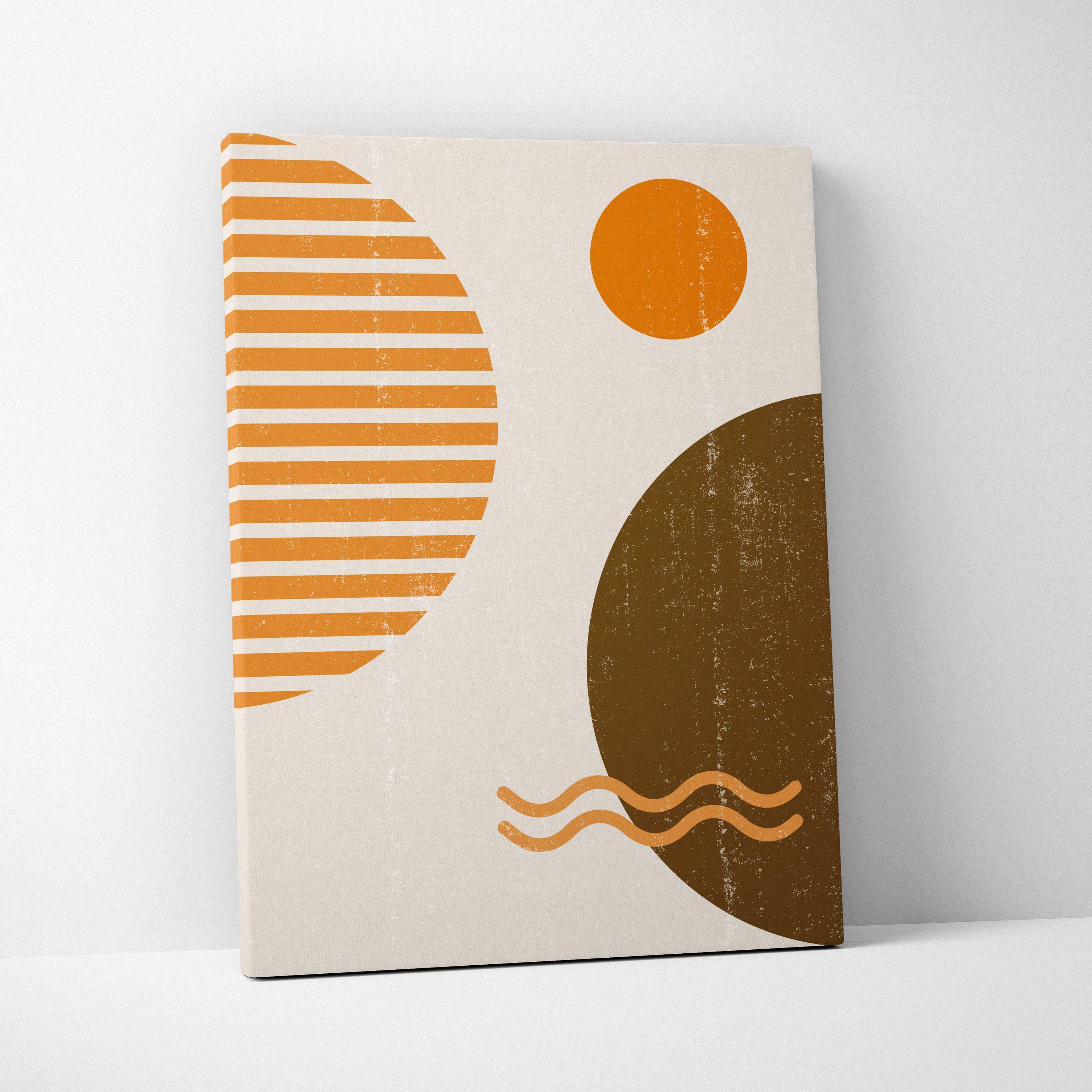 Minimalist canvas print with abstract terracotta rust and warm brown geometric shapes on cream background for boho decor