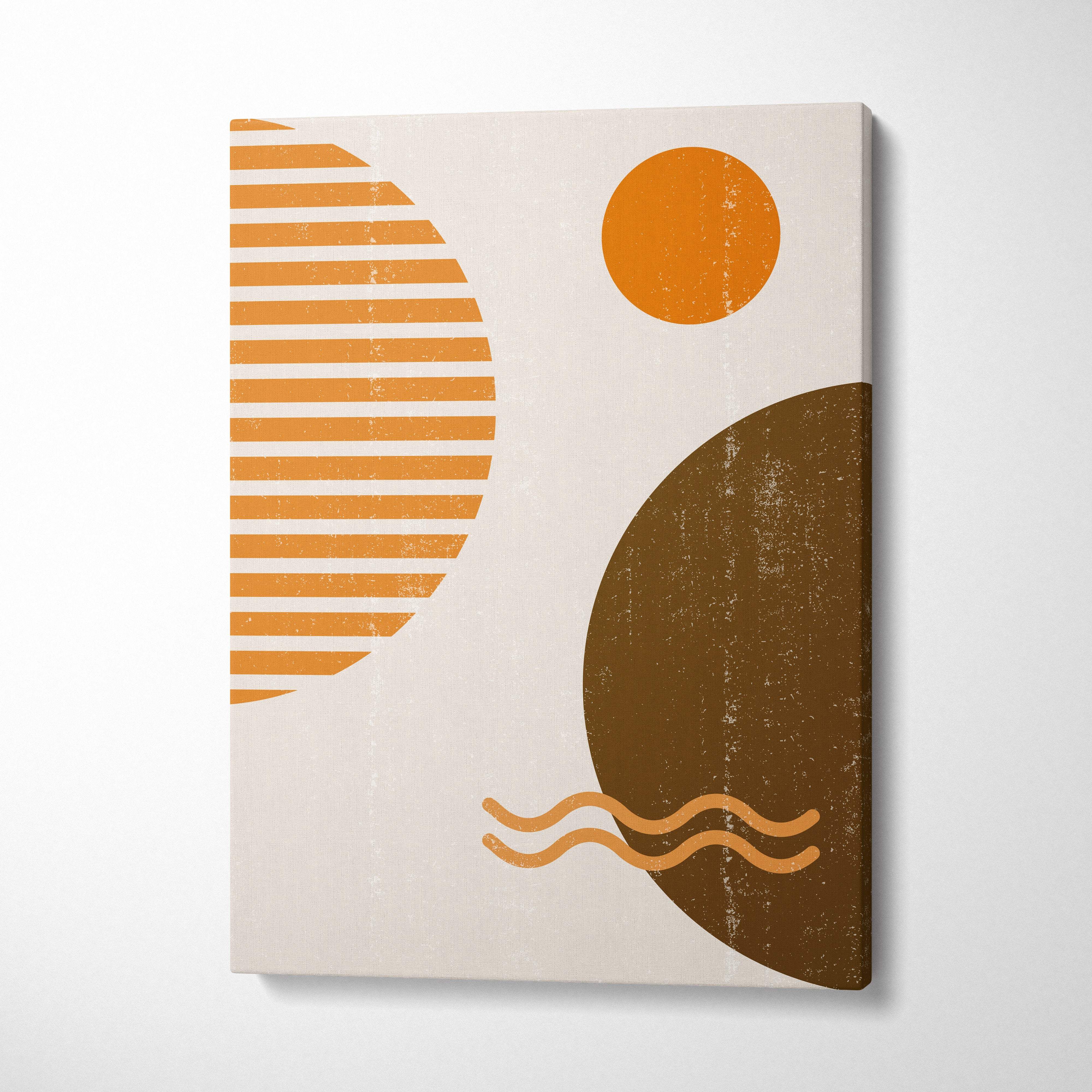 Boho abstract geometric canvas wall art with textured beige background and terracotta rust sun shapes for living room decor