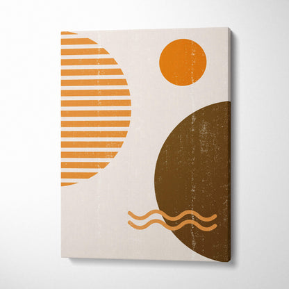 Boho abstract geometric canvas wall art with textured beige background and terracotta rust sun shapes for living room decor