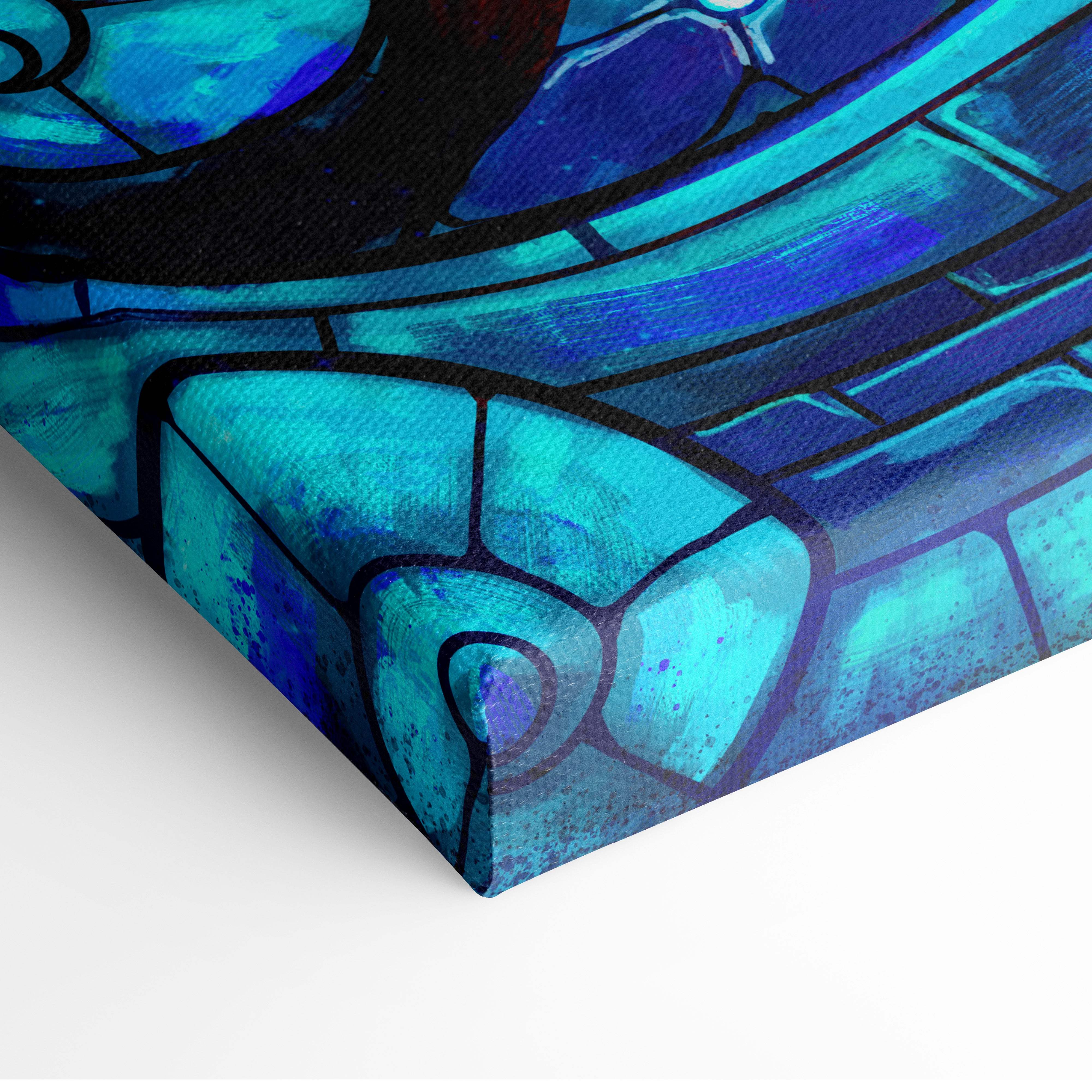 Colorful stained glass warrior canvas art featuring vibrant turquoise and deep blue hues with black outlines