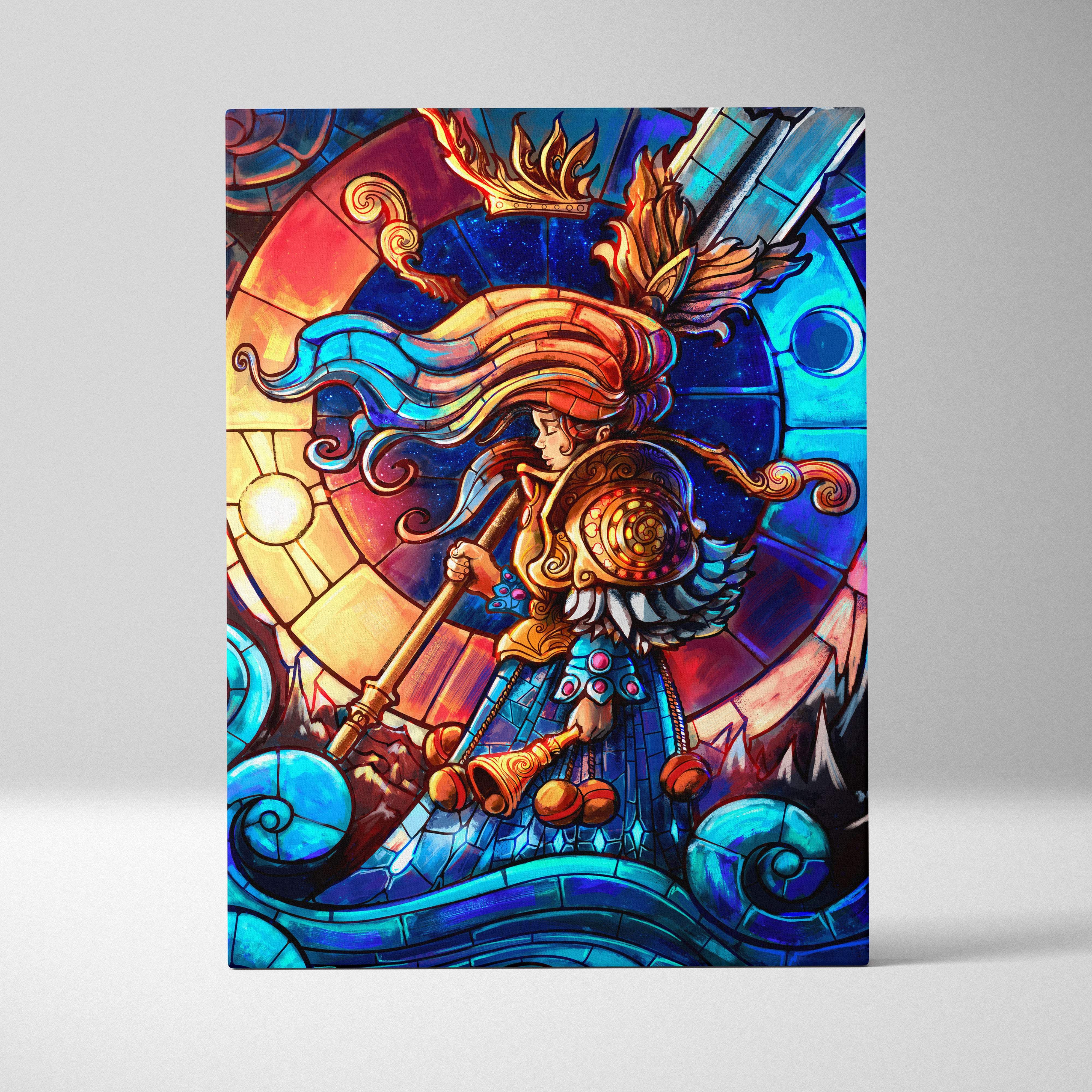 Colorful stained glass warrior canvas art featuring a vibrant fantasy knight with flowing golden hair and cosmic background