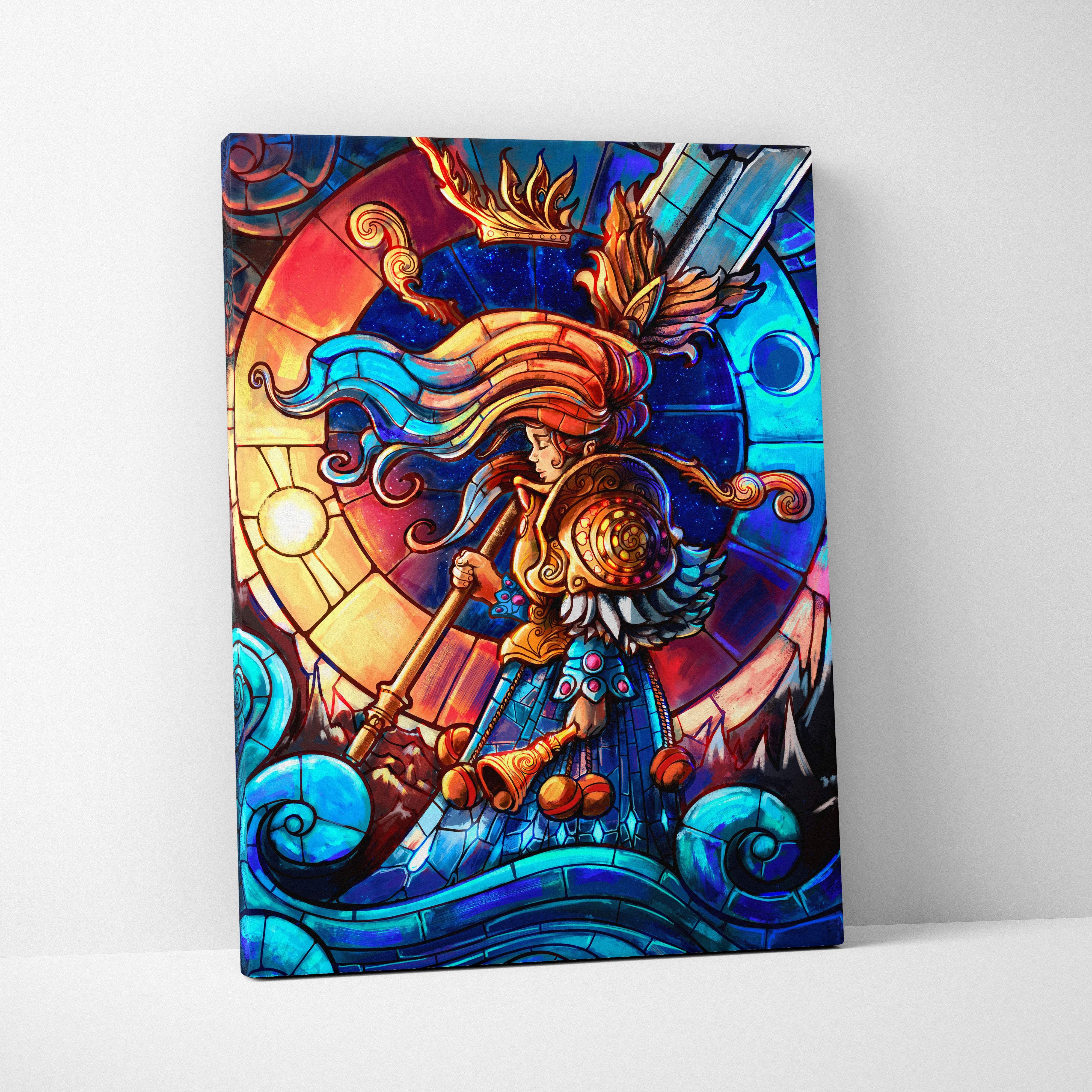Colorful stained glass warrior canvas art of a winged knight in gold armor with flowing orange hair and celestial blue red motifs
