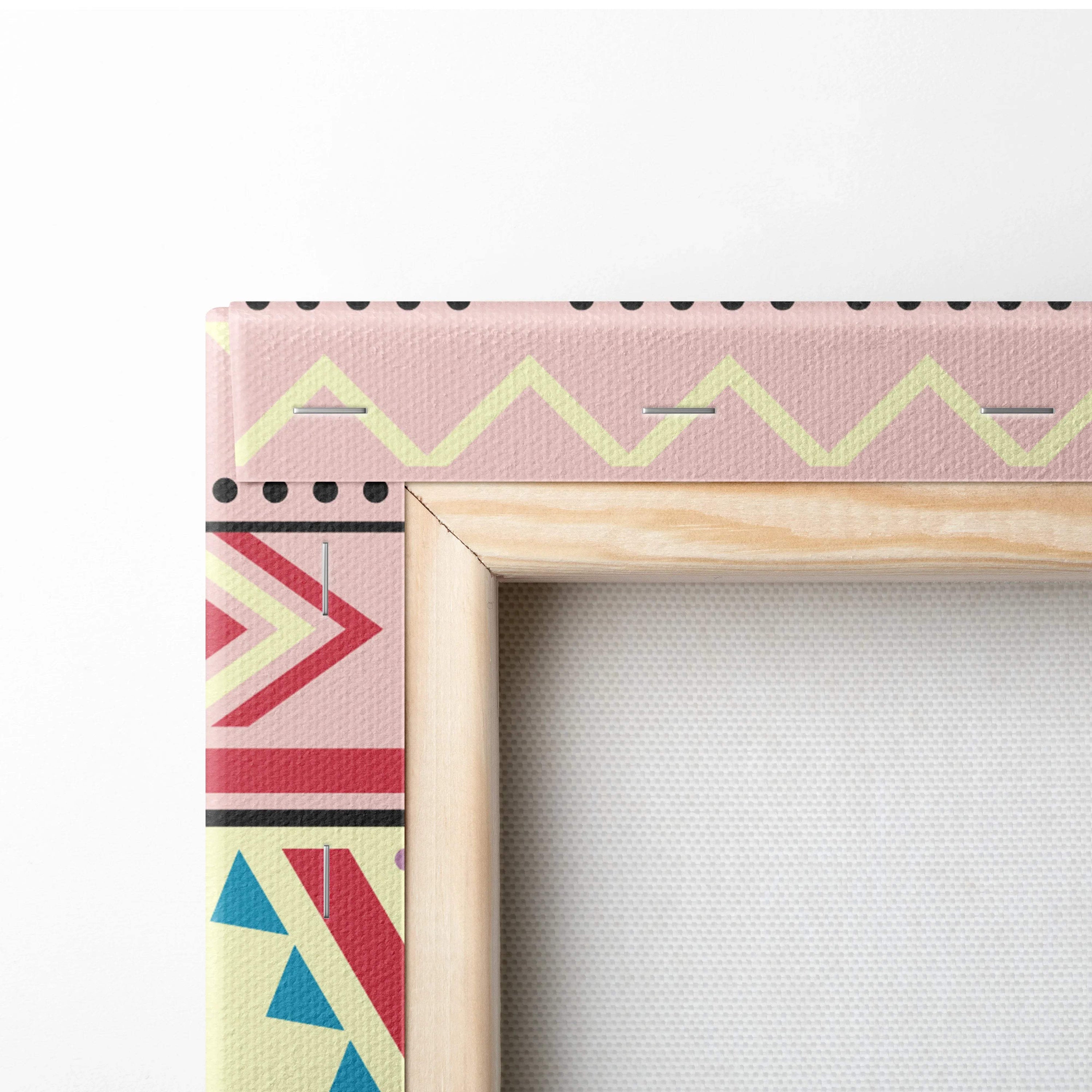 Boho tribal geometric border canvas wall art in pink with yellow zigzags red triangles blue shapes