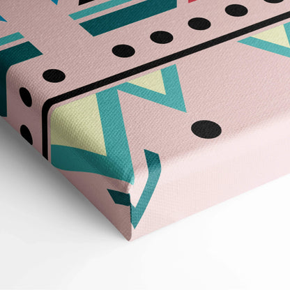 Pink canvas print with boho tribal geometric border in teal pink yellow