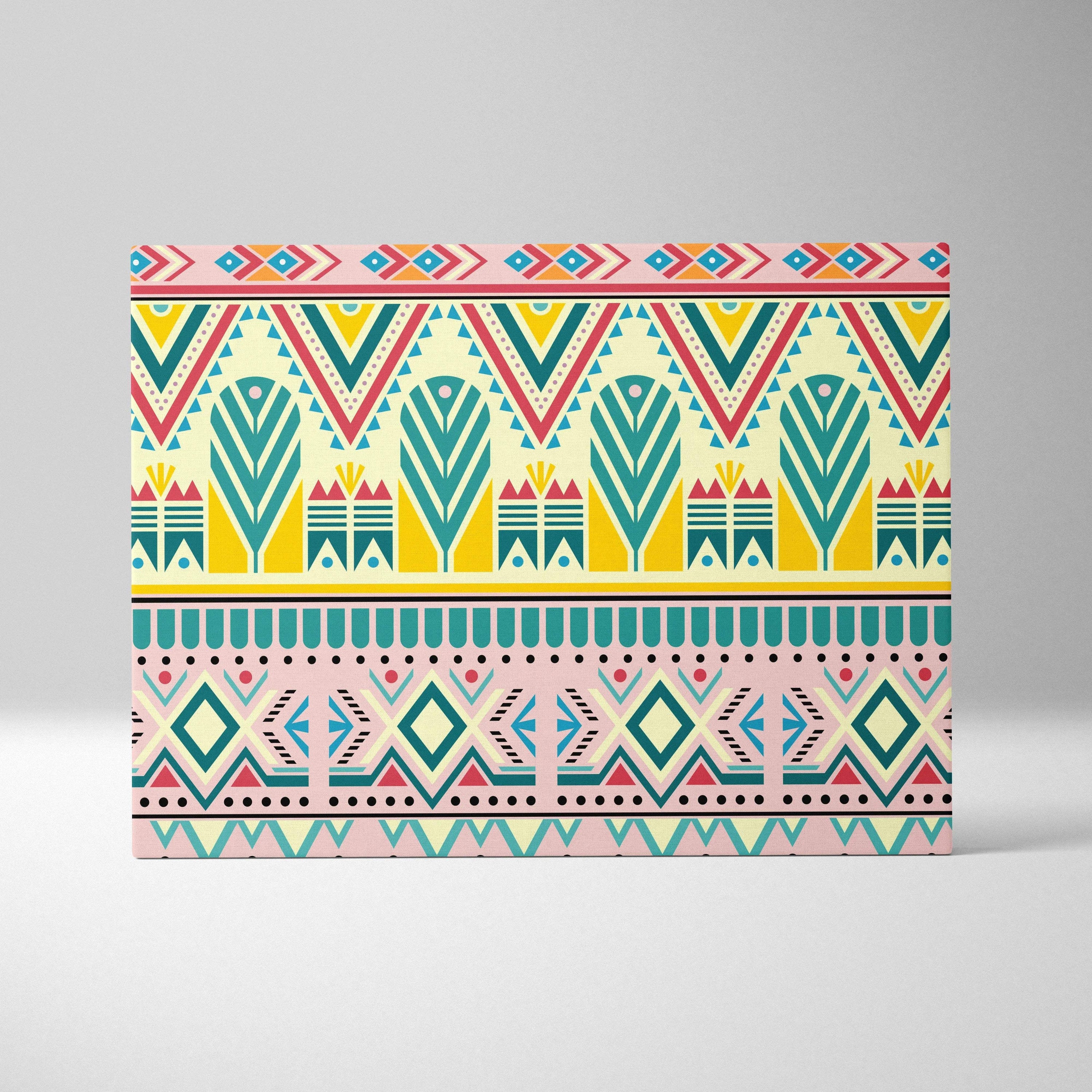 Boho tribal geometric border canvas wall art in teal pink yellow red