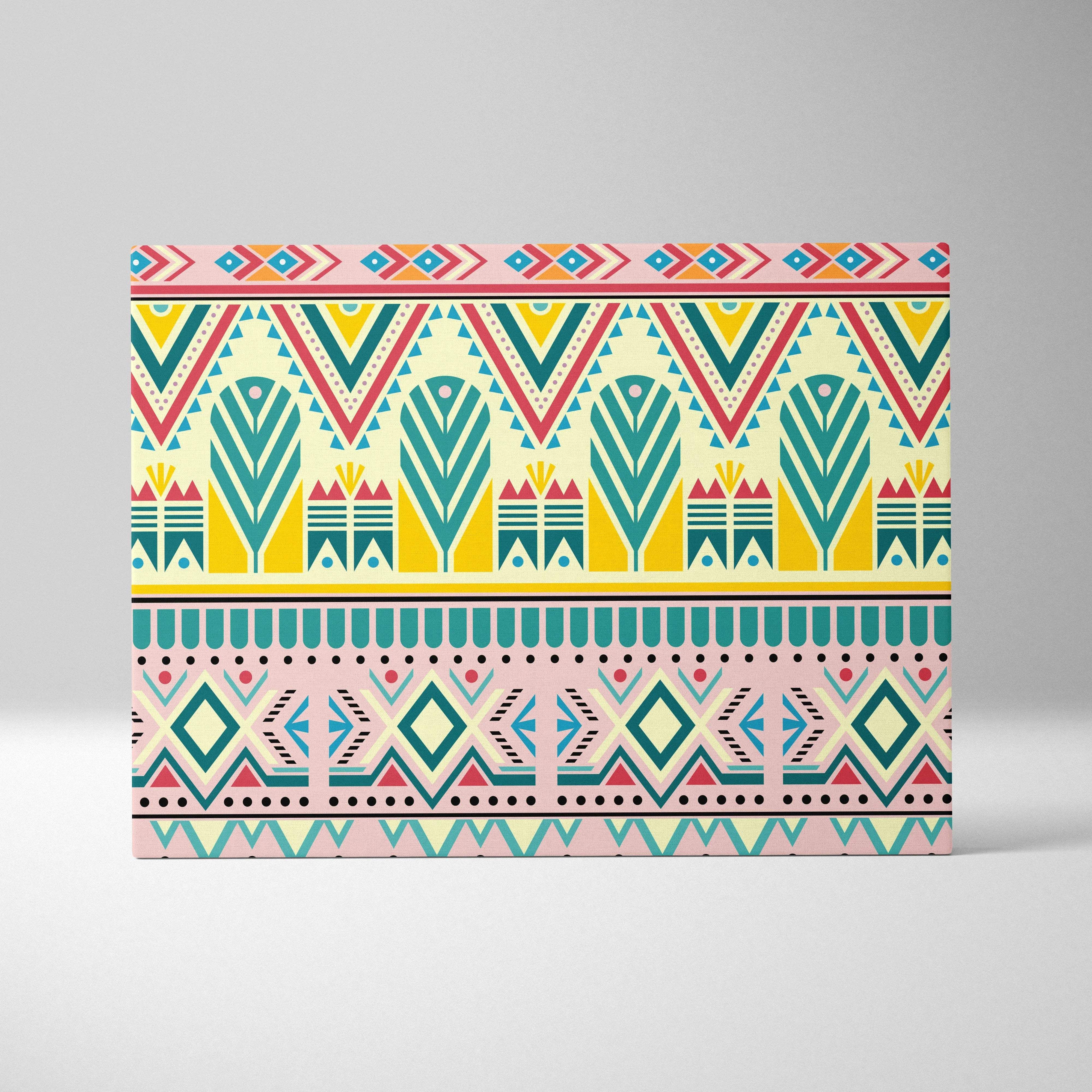 Boho tribal geometric border canvas wall art in teal pink yellow red