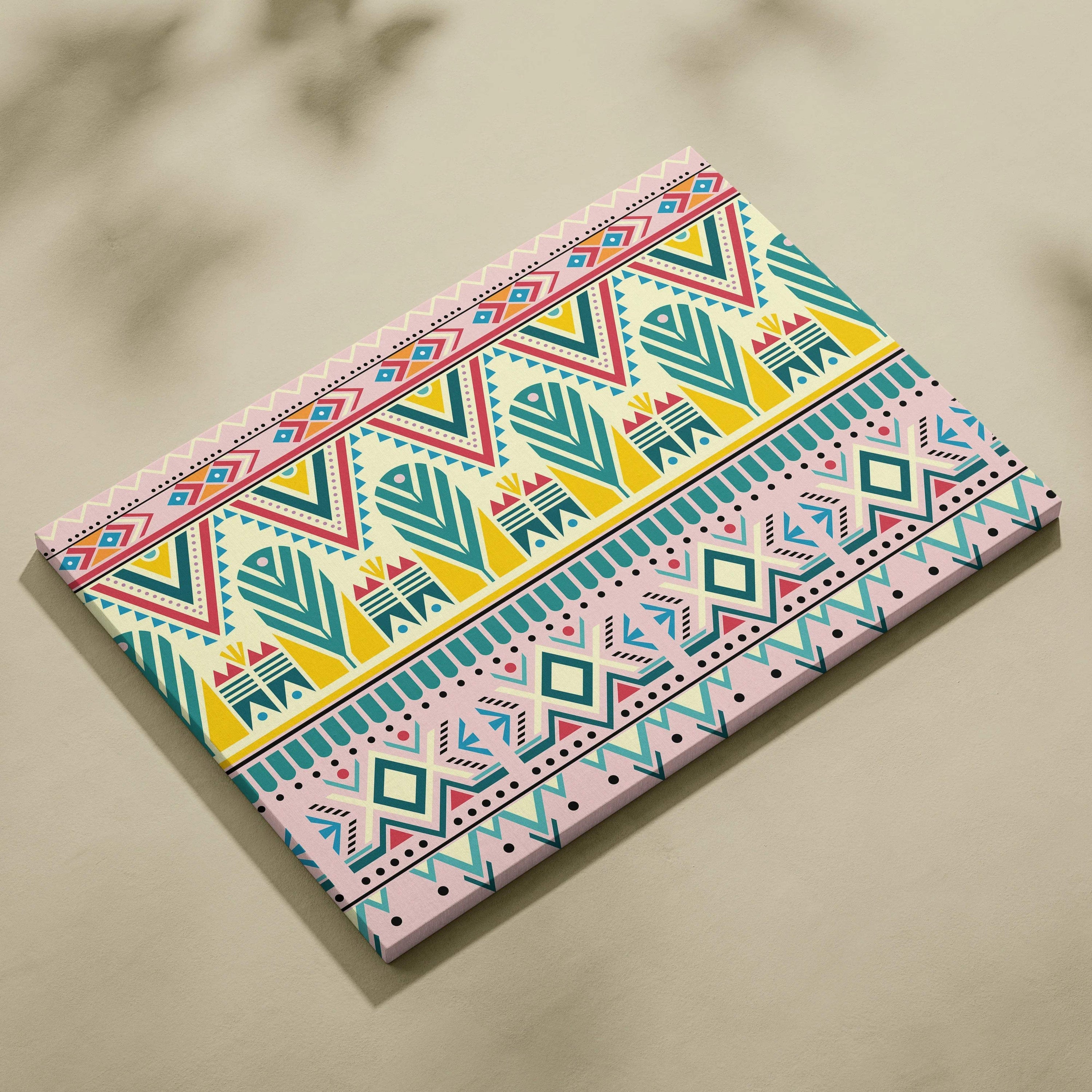 Boho tribal geometric border canvas wall art in teal pink yellow red