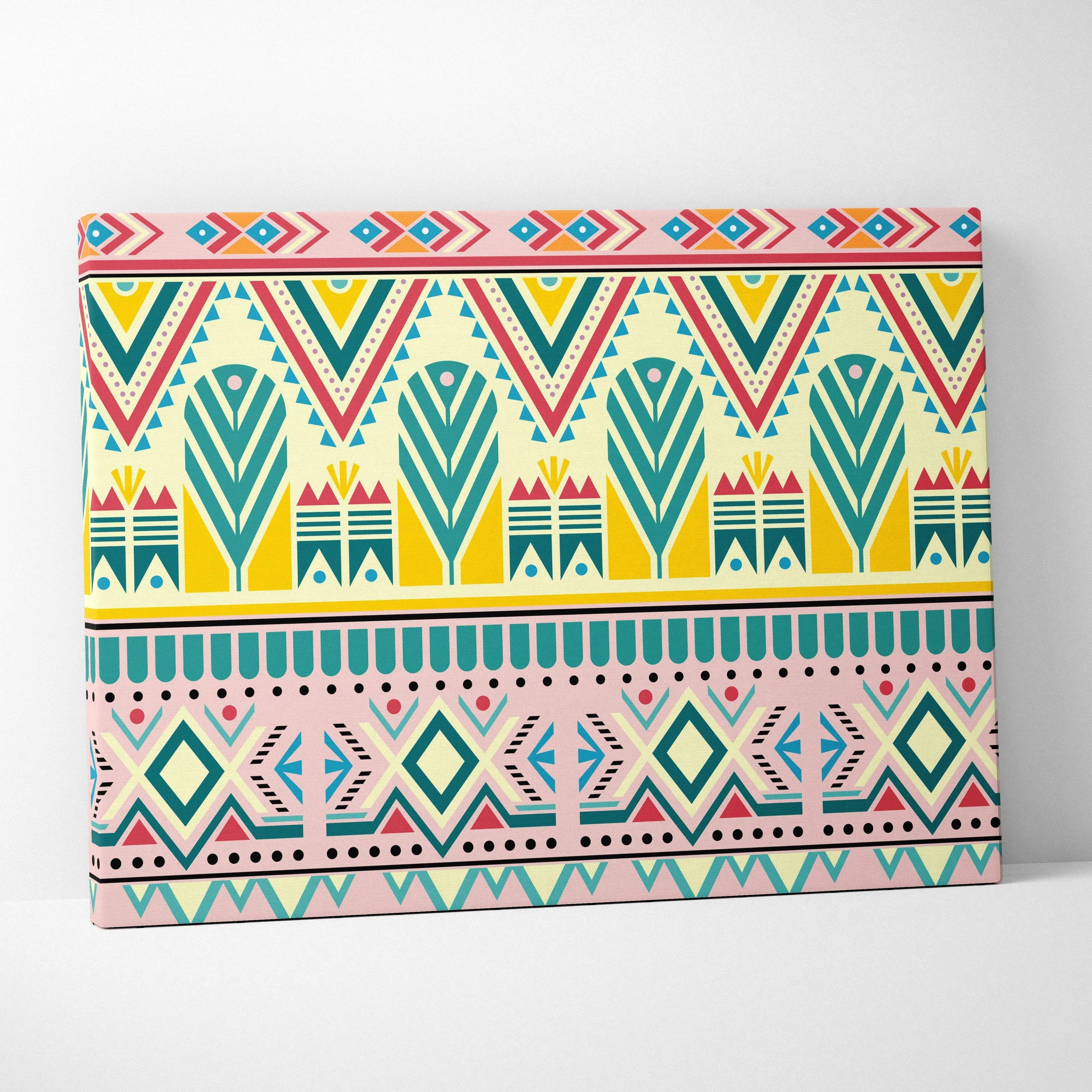 Boho tribal geometric border canvas wall art in teal pink yellow on cream
