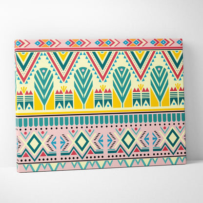 Boho tribal geometric border canvas wall art in teal pink yellow on cream
