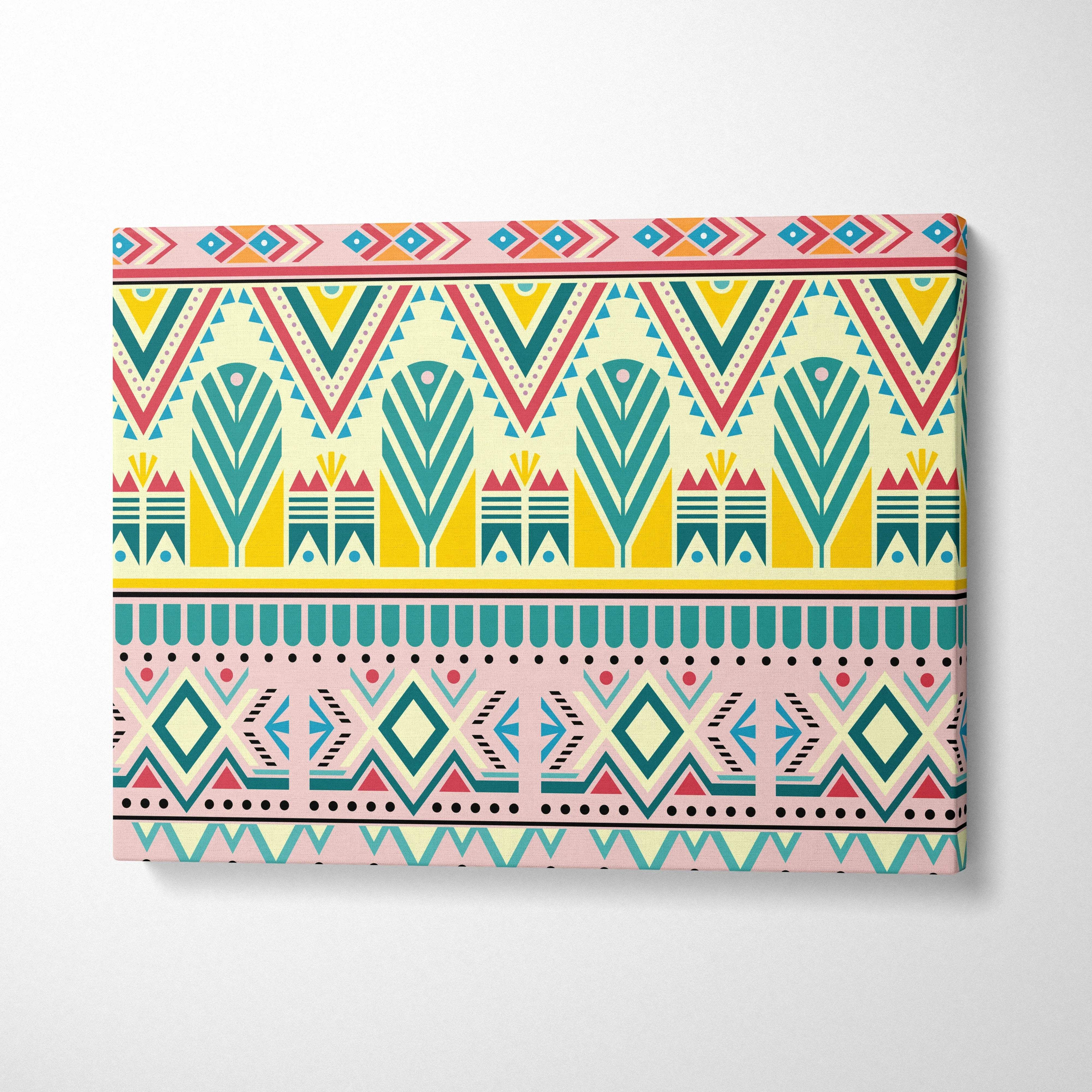 Boho tribal geometric border canvas wall art in teal pink yellow red on cream