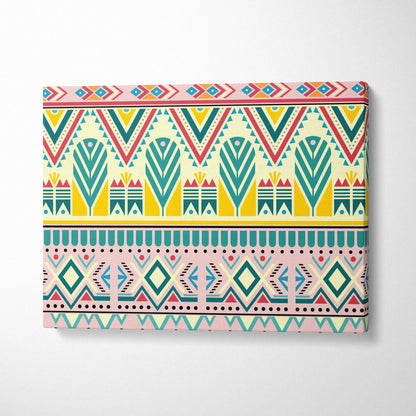 Boho tribal geometric border canvas wall art in teal pink yellow red on cream