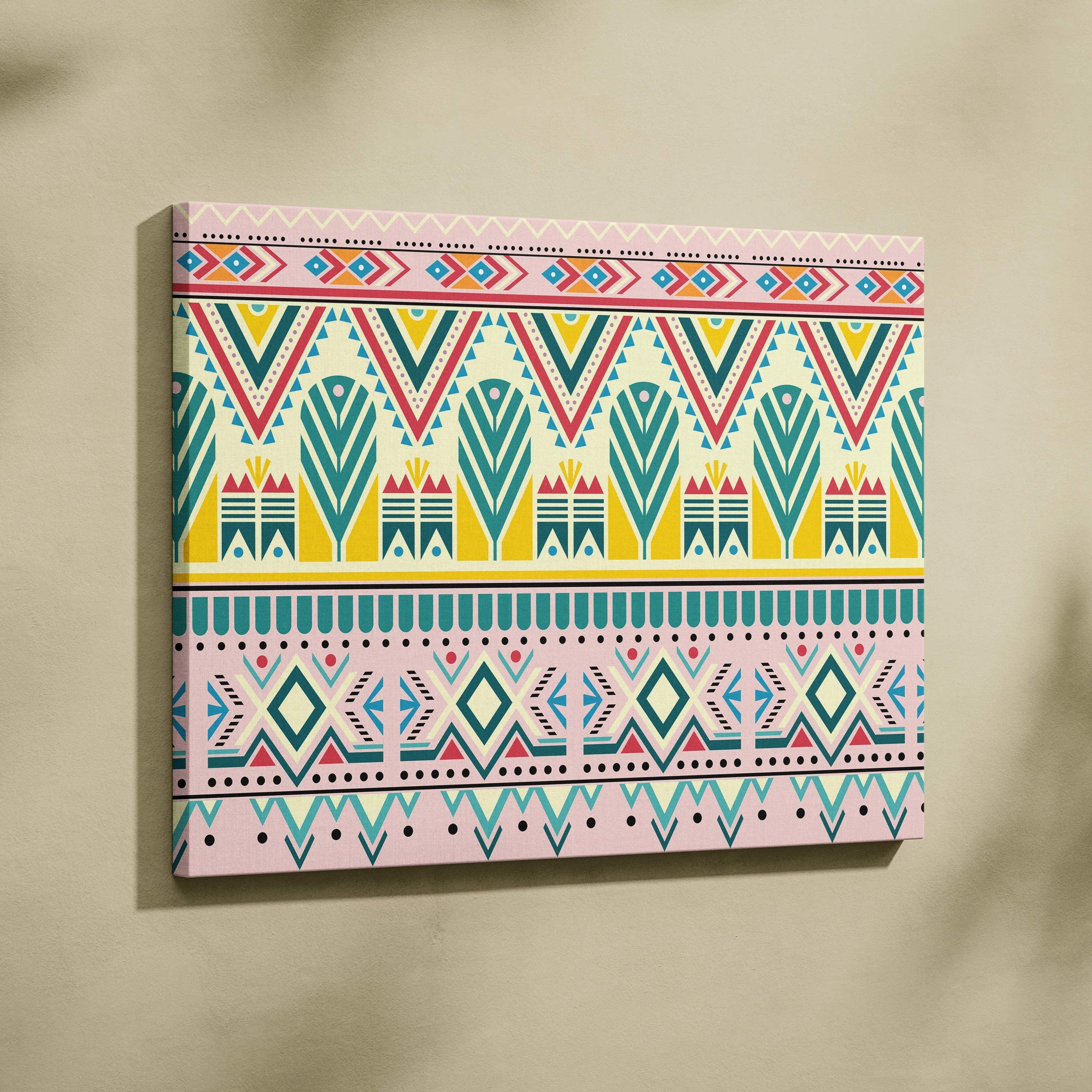 Boho tribal geometric border canvas wall art in teal pink yellow red