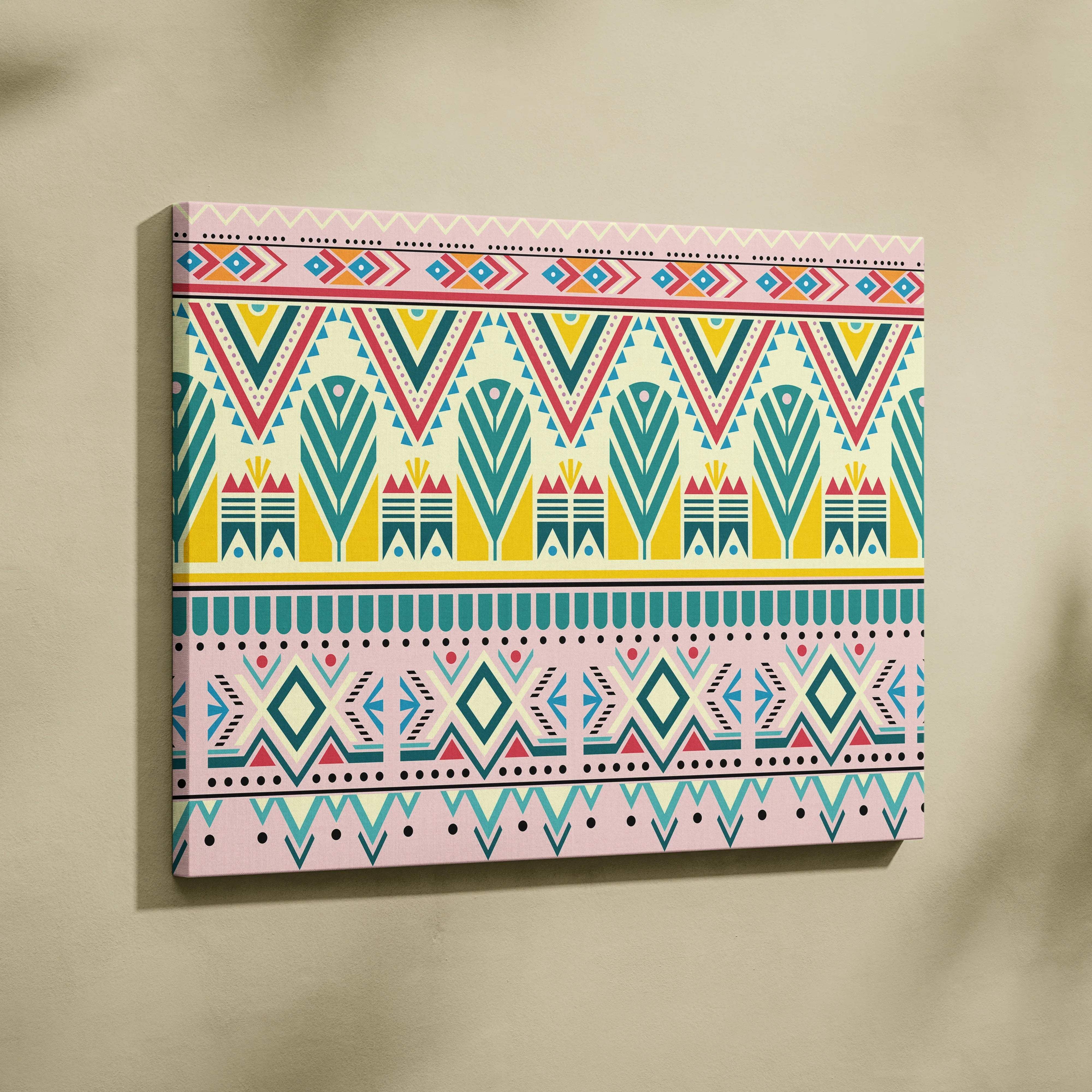 Boho tribal geometric border canvas wall art in teal pink yellow red