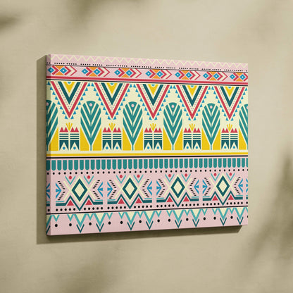 Boho tribal geometric border canvas wall art in teal pink yellow red