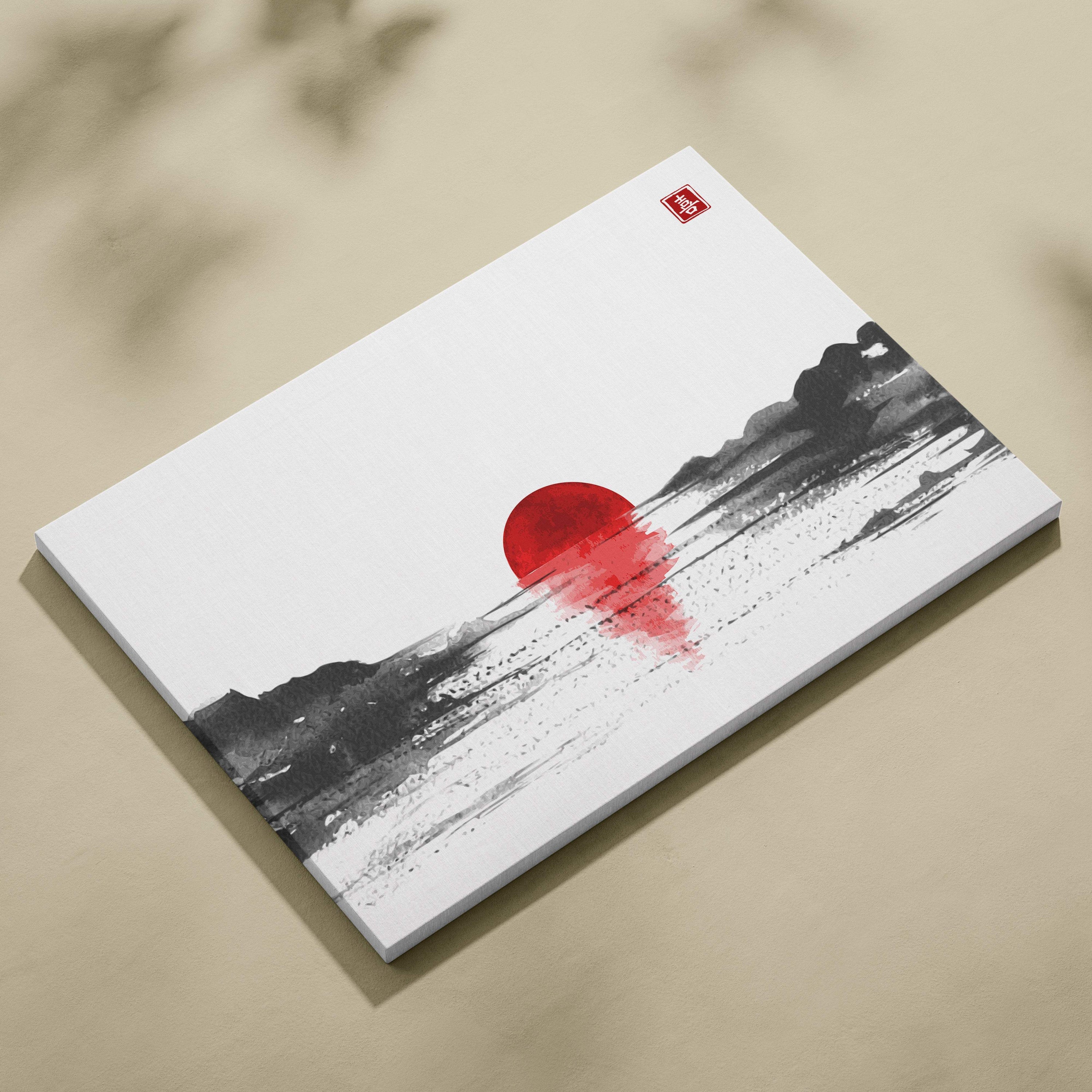 Red sun lake canvas wall art minimalist red sun over black ink-wash mountains in gray japanese ink painting style