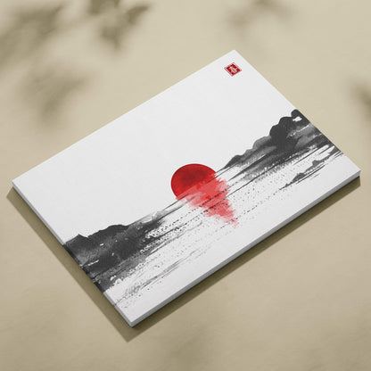 Red sun lake canvas wall art minimalist red sun over black ink-wash mountains in gray japanese ink painting style