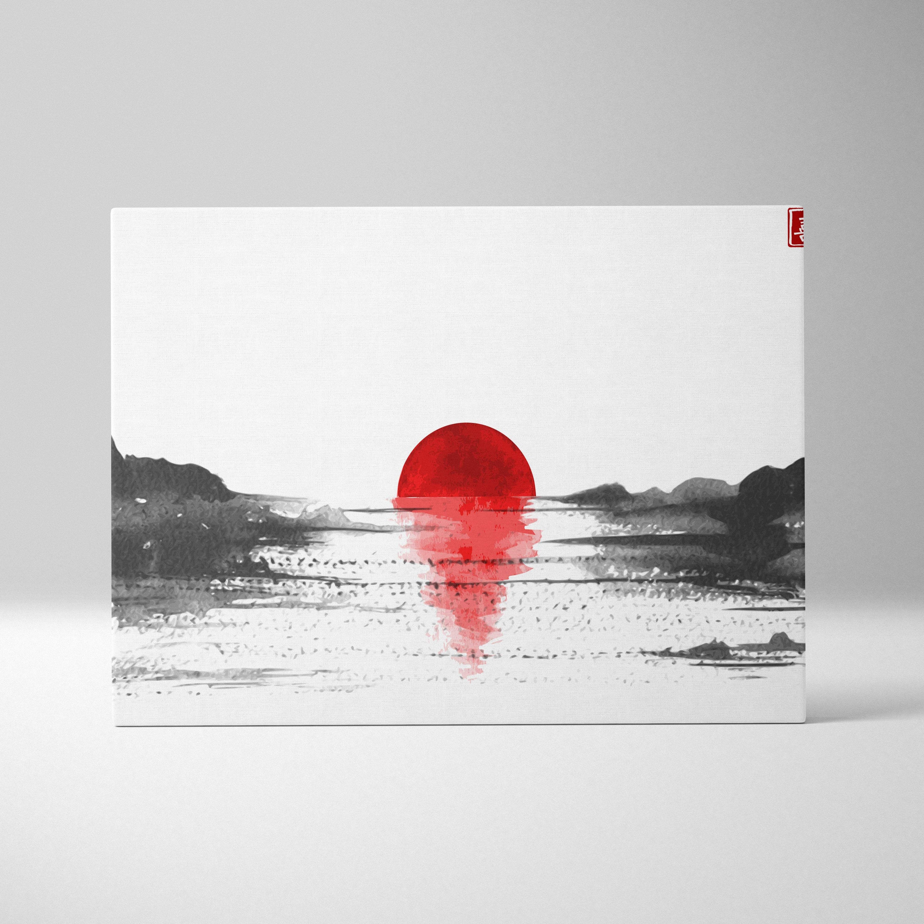 Red sun lake minimalist canvas wall art with bold red sun and gray japanese ink mountains for living room decor