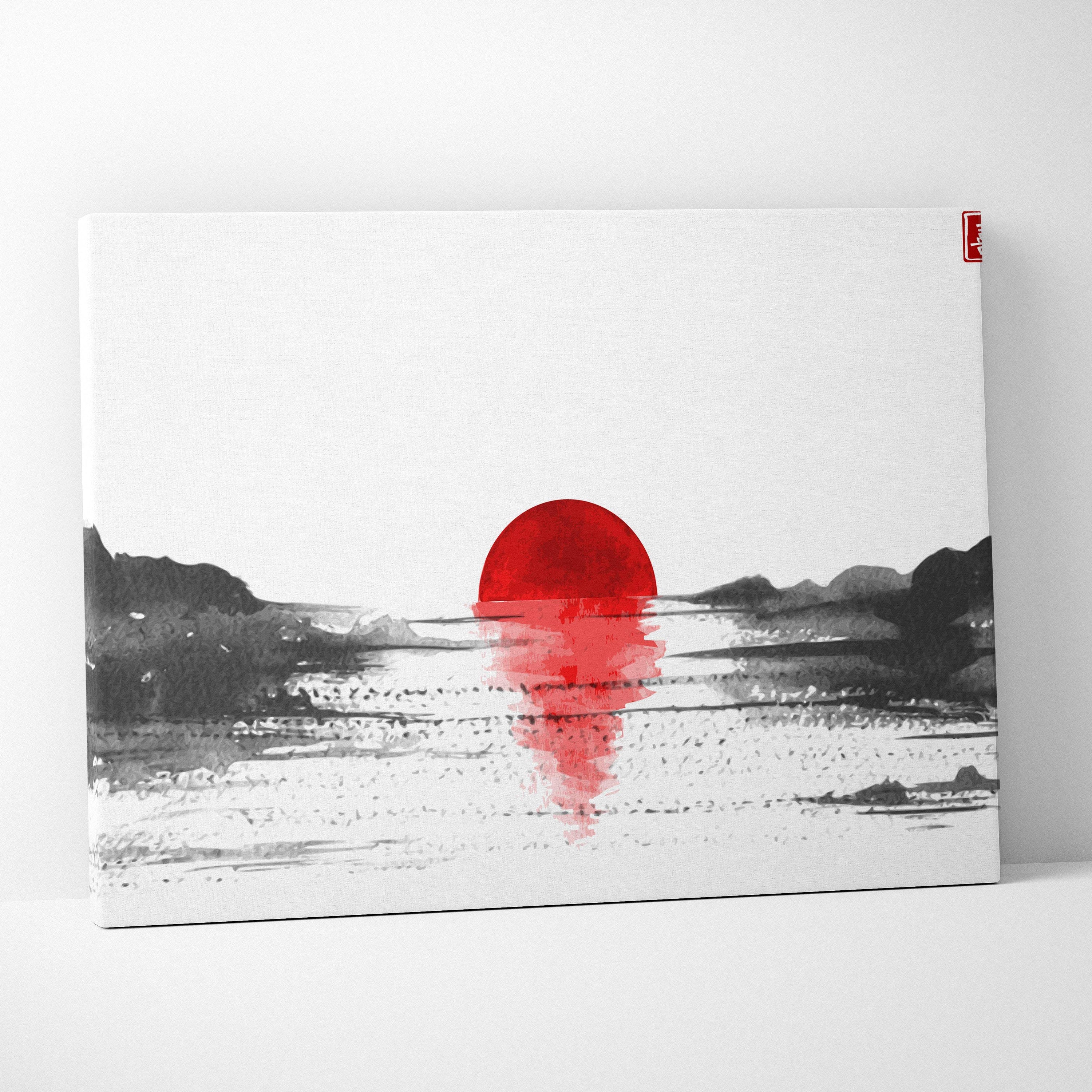 Red sun lake canvas wall art featuring a bold red sun and gray ink-wash mountains in minimalist japanese style
