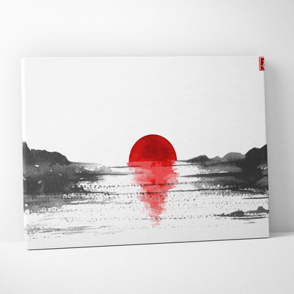 Red sun lake canvas wall art featuring a bold red sun and gray ink-wash mountains in minimalist japanese style
