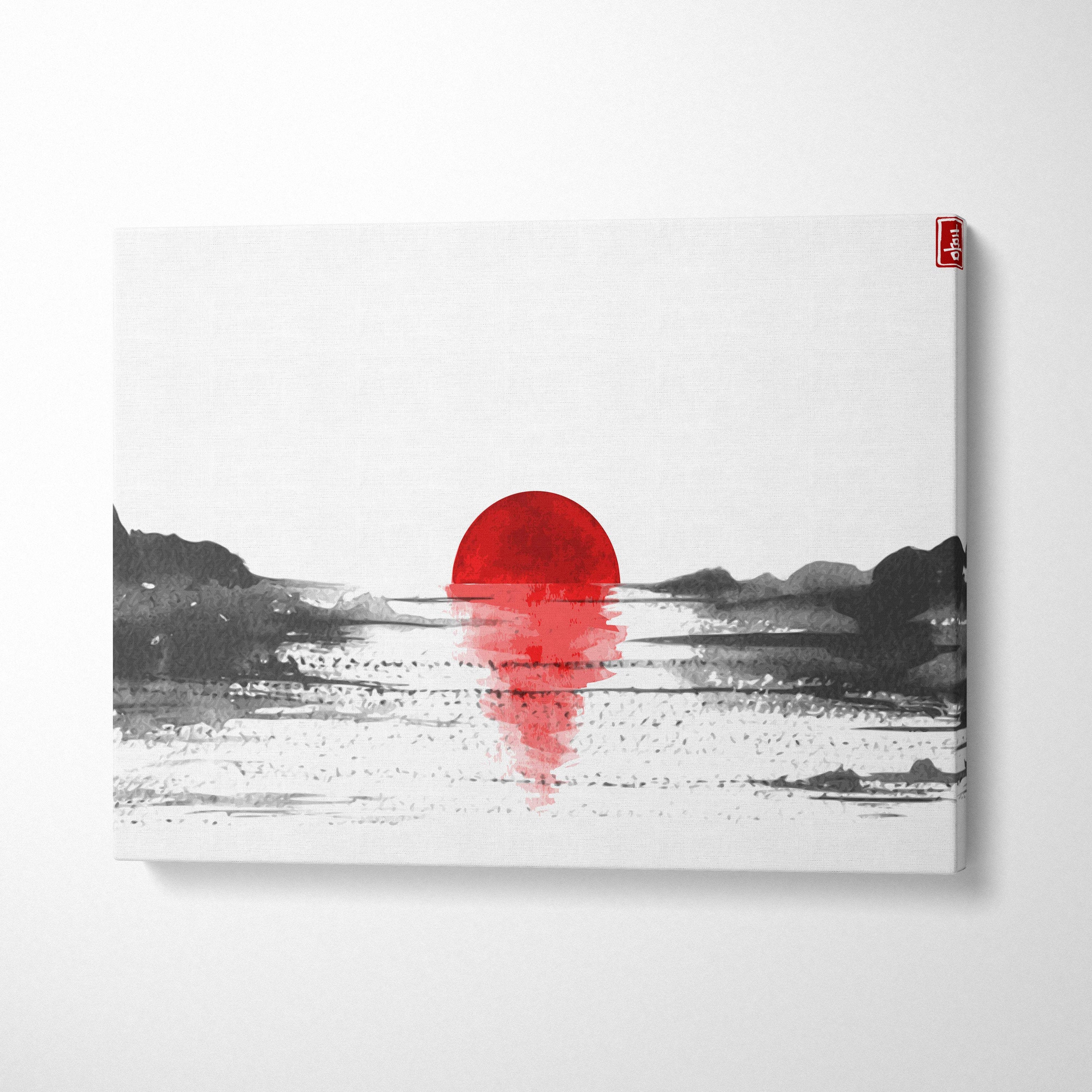 Minimalist red sun lake canvas wall art with bold red sun and grayscale zen mountain landscape for living room decor