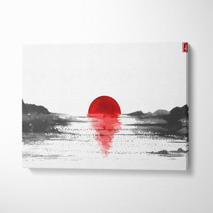 Minimalist red sun lake canvas wall art with bold red sun and grayscale zen mountain landscape for living room decor