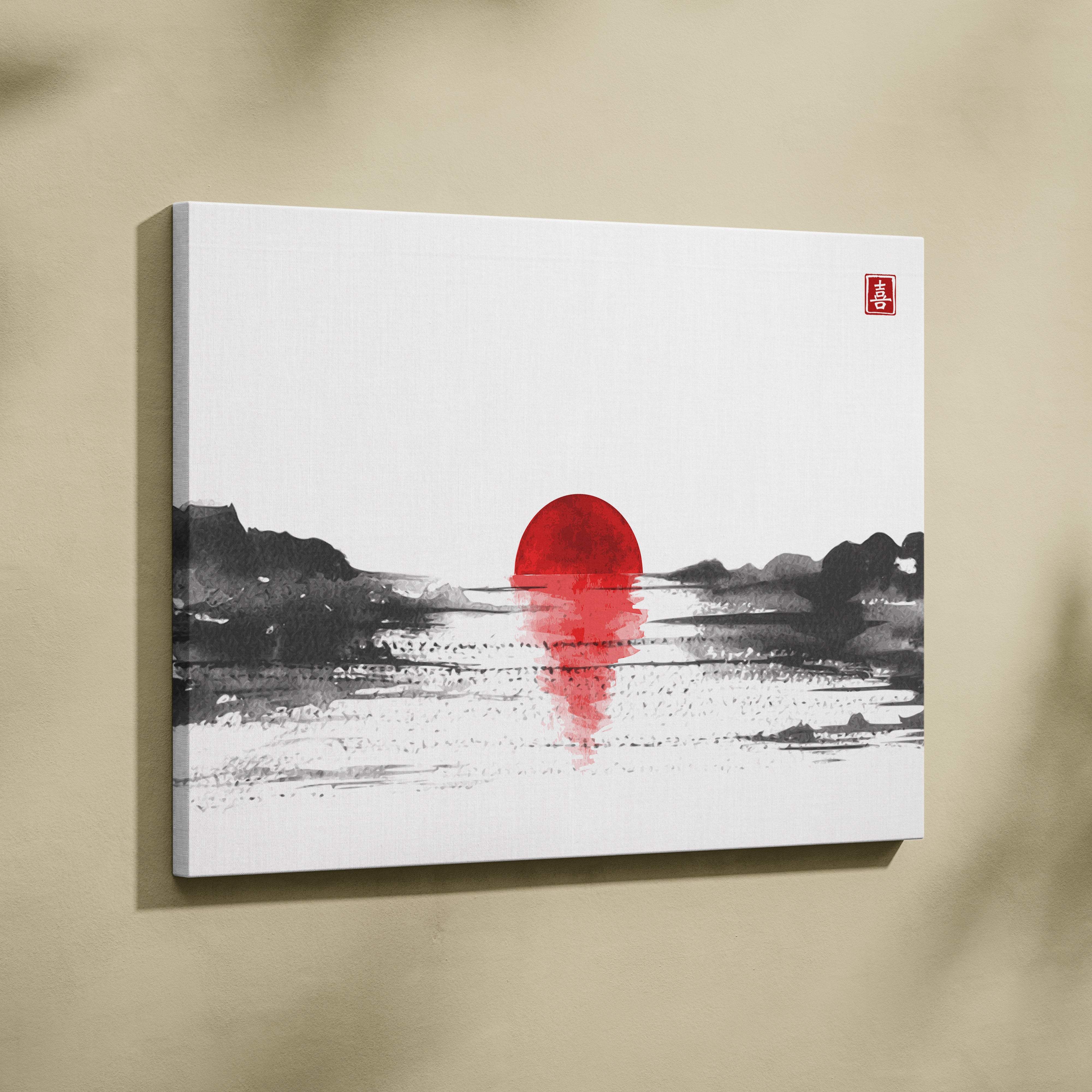 Red sun lake canvas wall art with bold red sun rising over black ink mountains in minimalist japanese ink style