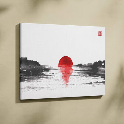 Red sun lake canvas wall art with bold red sun rising over black ink mountains in minimalist japanese ink style