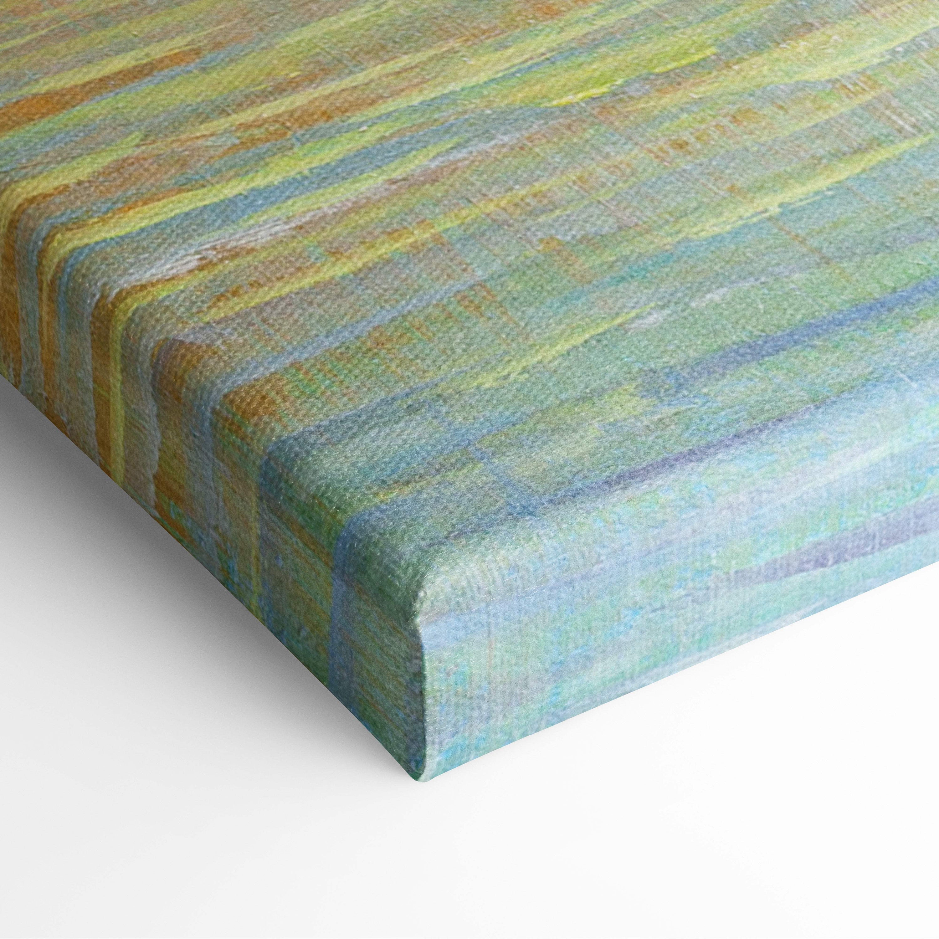 A canvas painting with horizontal brushstrokes in muted greens blues and earthy yellows vibrant autumn trees wall art