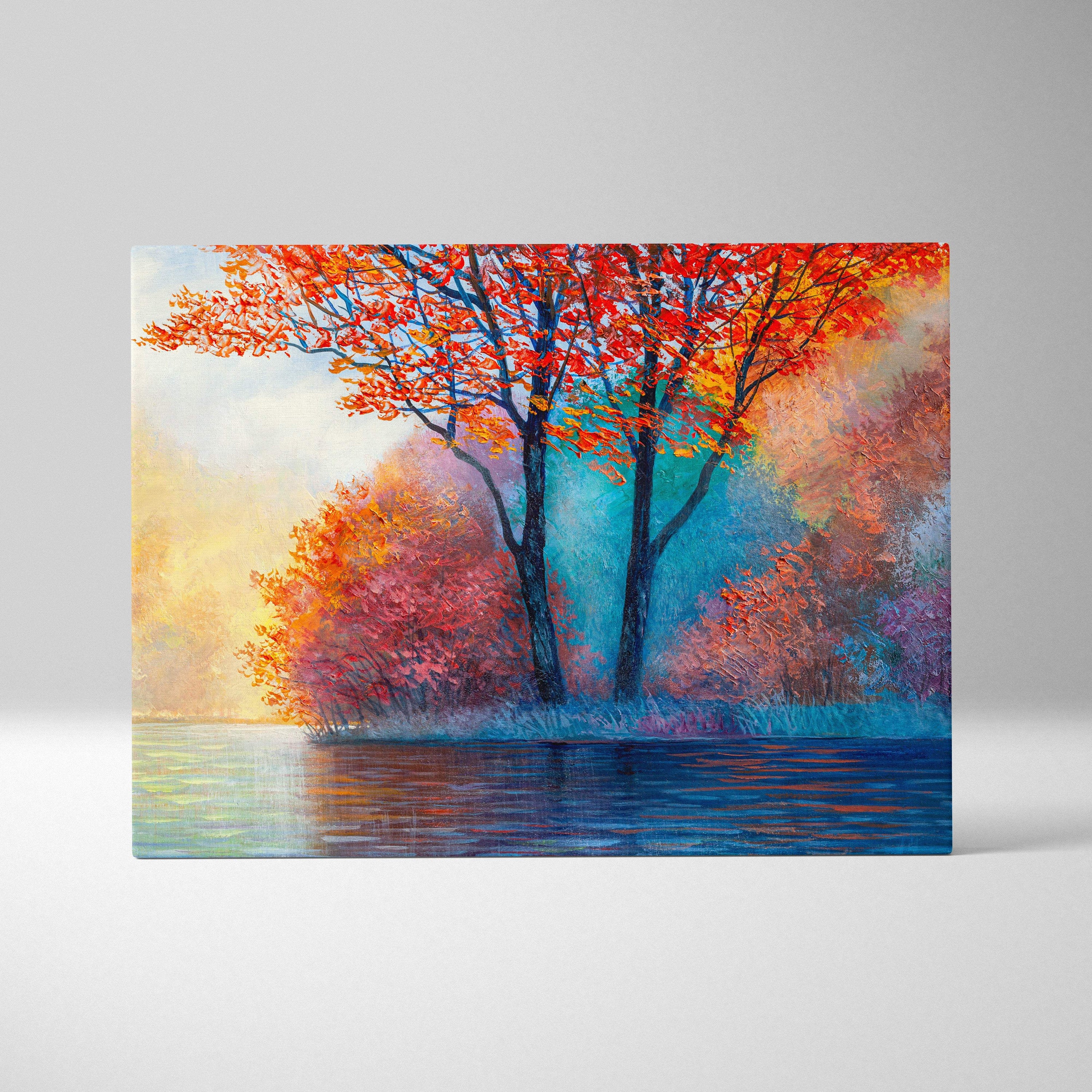 Vibrant autumn trees by tranquil lake painting style wall art with bold red and orange foliage on canvas print